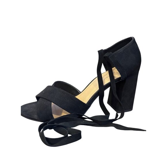 Loft Black Suede Ankle-Wrap Sandals Tie-Up Crisscross Block Heel Open Toe Size 1 - Picture 2 of 13